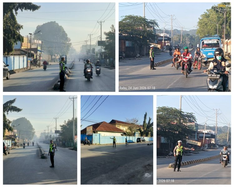 Satlantas Polres Sumba Barat Daya Laksanakan Strong Point Pagi, Wujudkan Keamanan dan Kelancaran Arus Lalu Lintas di Kota Tambolaka  Berita:
