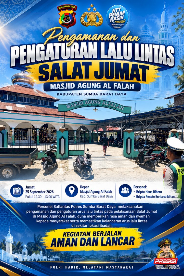 Satlantas Polres Sumba Barat Daya Amankan dan Atur Arus Lalu Lintas Saat Salat Jumat di Masjid Agung Al Falah