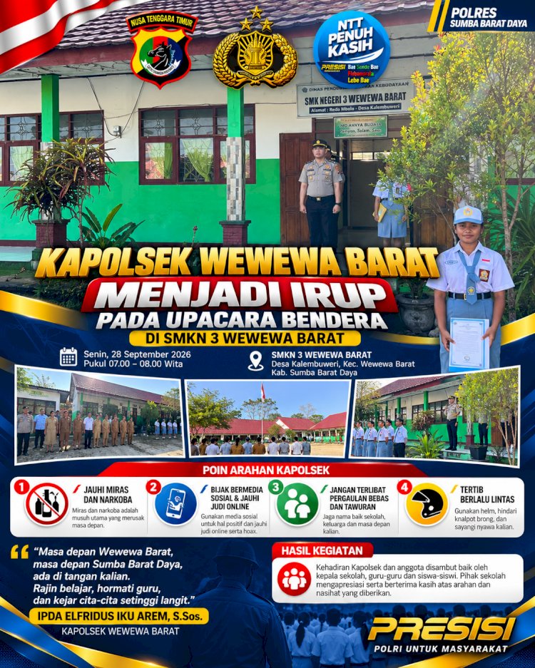 Kapolsek Wewewa Barat Jadi Irup Upacara Bendera di SMKN 3 Wewewa Barat, Sampaikan Pesan tentang Masa Depan Generasi Muda