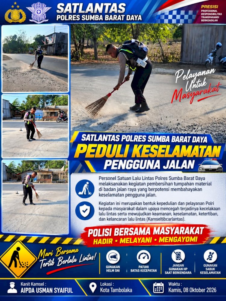 Satlantas Polres Sumba Barat Daya Bersihkan Material di Badan Jalan, Wujudkan Keselamatan Pengguna Jalan
